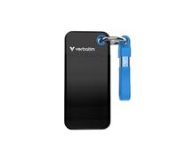 Verbatim Pocket SSD 256GB Portable External Storage Drive, USB-C 3.2 Gen 2, Up to 1000MB/s, Compact SSD with Keyring & Cable Holder Black/Blue- 32195