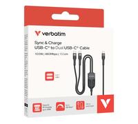 Verbatim Sync & Charge 2-in-1 USB-C to Dual USB-C Cable, 100W Power Delivery, 70W + 30W Dual Charging, 480Mbps Data Transfer, Braided 1.5m Cable - Grey - 30279