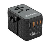 Verbatim UTA-05 65W GaN III Universal Travel Adapter with 2 x USB-C PD & QC 4+ & 2 x USB-A ports. Charger type: Indoor Power source type: AC Charger compatibility: Universal. Product colour: Black