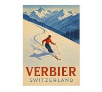 Verbier Switzerland Ski Vintage Skiing Poster, Minimalist Wall Art, Mountain Travel Prints, Snow, Ski Trip Home Decor, A3 (Print Only) - 42x29.7cm