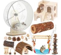 VercanMonth 15 Pcs Hamster Cage Accessories Set, Wooden Hamster House, 9.45 Inch Silent Running Wheel, Swing, Tunnel, Chew Toys & Hideout for Dwarf Hamsters, Gerbils, Syrian Hamsters Animals Habitat