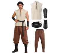 Verceco Men’s Renaissance Costume 4PCS - Medieval Lace-Up Shirt, Ankle Pants, Belt & Leather Bracers for LARP Cosplay, Khaki-brown, XXL