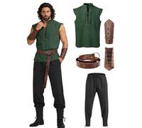 Verceco Men’s Renaissance Costume 4PCS - Medieval Lace-Up Shirt, Ankle Pants, Belt & Leather Bracers for LARP Cosplay, Army Green-black, Medium