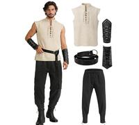 Verceco Men’s Renaissance Costume 4PCS - Medieval Lace-Up Shirt, Ankle Pants, Belt & Leather Bracers for LARP Cosplay (Khaki-Black, XL)
