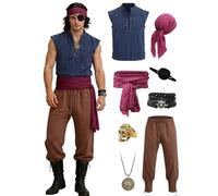 Verceco Mens Pirate Costume 8PCS Renaissance Sleeveless Shirt Ankle-Banded Pants Sash Belt & Accessories LARP Cosplay, Navy Blue, S