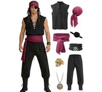 Verceco Mens Pirate Costume 8PCS Renaissance Sleeveless Shirt Ankle-Banded Pants Sash Belt & Accessories LARP Cosplay, Black, Large