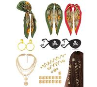 Verceco Pirate Costume Accessories for Women with Bandana Head Scarf Pirate Eyepatch Necklace Loc Hair Jewelry, Green Red, One Size