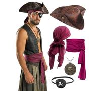 Verceco Pirate Hat Accessories Costume Set 5PC Adult Pirate Accessories for Halloween & Ren Faire, Brown, One size