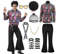 Vercico 70s Fancy Dress Mens Flares 70s Shirts for Men, 8 Pieces Abba Costume Men with Wig, Fake Mustache, Glasses, Disco Outfit for 60s Cosplay Halloween Carnival Pary (Black, L)