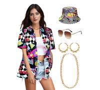 Vercico 90s Fancy Dress Women Set, Short Sleeve Hawaiian Shirt with 90s Bucket Hat, Earrings, Sunglasses & Fake Gold Chain for 80s 90s Retro Theme Parties (Black and White, S)