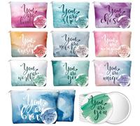Vercraft 20 Pcs Inspirational Canvas Makeup Bags Compact Mirrors Bulk Gifts Cosmetic Bags Employee Appreciation Gifts Round Portable Pocket Mirror Thank You Gifts for Women Teachers, watercolor,
