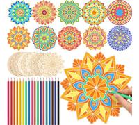 Vercraft 28 Pcs Wooden Mandala Painting Set 10 Unfinished Wood Cutouts with 18 Colored Pencil for Making Kit Mandala Crafts for Painting DIY Crafts Home Decors(Classic Style)