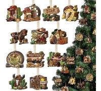 Vercraft 36 Pcs Christmas Western Cowboy Ornaments Wooden Christmas Tree Decorations Cowboy Wild West Hanging Ornaments Western Cowhide Cactus Sheriff Wood Pendant Sign for Xmas Tree Home Decor