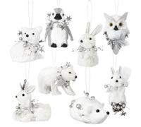 Vercraft 8 Pack White Sisal Woodland Animals Christmas Ornaments Winter | Christmas Tree Hanging Ornaments Set Natural Sisal Straw Figurines Rustic Forest Hanging Accessory for Winter Fairy Decor