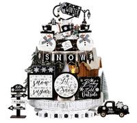 Vercraft Christmas Tiered Tray Decor Winter Tiered Tray Decorations Set Snowman Snowflake Gnome Truck Wooden Signs Farmhouse Xmas Table Decorations for Home Table Shelf(Black and White)