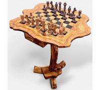 Verdant Grain Olive Wood Chess Table with Drawer - Hand-Carved Rustic Chess Set with Wooden Pieces - Unique Artisan Game Table