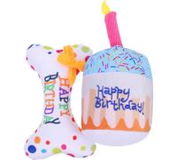 VERDANVERSE 2Pcs Cat Plush Birthday Cake Set Squeaky Sound, Small Embroidered Bone Chew for Kitten Teething and Cat Birthday Party Supplies