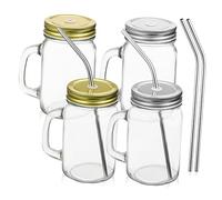 VERDANVERSE 4 Pcs Clear Glass Mugs with Comfortable Handle Lid and Stainless Steel Straw Square Drinking Jars for Water Juice Milk Reusable Cups for Home Office and Study Use