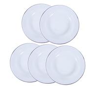 VERDANVERSE 5pcs Vintage Enamel Round Serving Plates with Blue Rim for Hot Pot and Appetizers Heat-Resistant Stackable Dishware for Home and Restaurant Use Easy to Clean Enamel Salad and Fruit