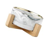 VERDANVERSE Ceramic Pet Feeder Bowl with Marble Grey Pattern and Wooden Stand Elevated Soup and Rice Bowls for Small Cats and Dogs Designed for Comfortable Eating Posture and Easy Cleaning Pet