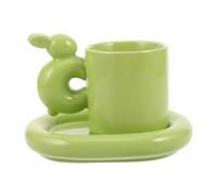 VERDANVERSE Easter Ceramic Coffee Mug with Rabbit Handle and Saucer Cute Cartoon Bunny Latte Tea Cup for Friends Family Green Ceramic Drinkware Set Festive Christmas Birthday