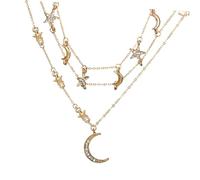 VERDANVERSE Elegant Multi-layer Pentagram Pendant Necklace with Moon and Star Inlaid Diamonds Hypoallergenic Jewelry for Women Golden Geometric Design