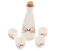 VERDANVERSE Japanese Ceramic Sake Red Cherry Blossom Wine Bottle and Cups for Tea Water Spirits Microwave Safe Elegant Hand Painted Home Flagon and Holder for Entertaining