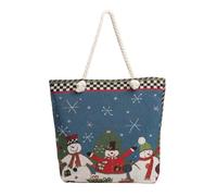 VERDANVERSE Portable Foldable Christmas Tote Bag for Women with Large Capacity, Reusable Blue Canvas and Polyester Handbag Featuring Classic Snowman Embroidered Pattern, for Office and Picnic