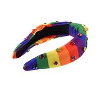 VERDANVERSE Rhinestone Rainbow Stripe Headband for Women Wide Knot Soft Fabric Hair Hoop with Nonslip Design Colorful Pride Accessories for Holiday Parties and Everyday Wear