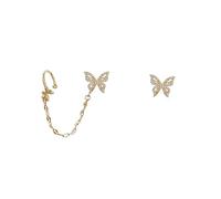 VERDANVERSE Sterling Silver Full Rhinestone Butterfly Ear Bone Clip Earrings Asymmetric Golden Stylish Ear Jewelry for Women Comfortable Wear for Parties Weddings and Daily Fashion