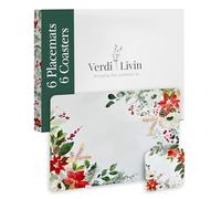 Verdi Livin Christmas Leaf Cork Placemats and Coasters Set - 6 Non Slip Placemats (16 x 12 inches) with Matching Coasters (4 x 4 inches), Heat Resistant, Hardboard with Cork Base, Gift Box