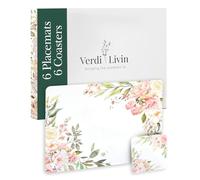 Verdi Livin Cork Placemats Set of 6 + Matching Coasters - Heat Resistant Place Mats for Dining Table 16" x 12", Cork Backed, Wipeable Pink Rose Design