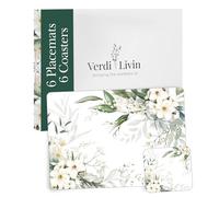 Verdi Livin Cork Placemats Set of 6 Matching Coasters I Heat Resistant Place Mats for Dining Table 16" x 12", Cork Backed, Wipeable White Lily Design