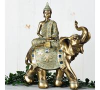 Verdigris Bronze Finish Buddha on Elephant Figurine 33cm