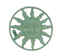 Verdigris Green Finish Cast Iron Sun Face Decorative Wall Mounted Garden Hose Hanger - 12 Inches in Diameter - Simple Installation -75 Foot Capacity Hose Holder
