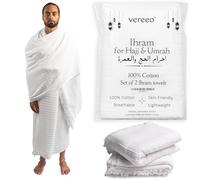vereeo Premium Men's Ihram Set for Hajj & Umrah - 2-Piece White Non Stitched 100% Cotton Towels | Ehram Ahram | Lightweight, Breathable & Comfortable | Reusable | Shariah Compliant