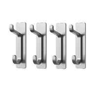 VergilSon Black Self Adhesive Hooks, Sticky Extra Strong Double Hook Wall Door Hooks, Stainless Steel Heavy Duty Stick Hooks for Towel Coat Hat Bag in Bathroom Shower Kitchen (4pcs Brush Silver)