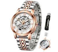 Verhux Elegant Automatic Skeleton Ladies Watches Two Tone Rose Gold and Silver Stainless Steel Waterproof Luminos Womens Wrist Watches, L8831 Laides watches