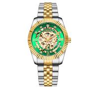 Verhux Skeleton Gold Watches for Men Automatic Luxury Diamond-Accented Mechanical Wrist Watches Business Stainless Steel Waterproof Charming Watches, 8840 two tone mens watches with green dial,