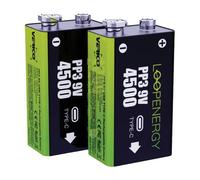 Verico LoopEnergy 9V Block Pack of 2, PP3, 4500 mWh, Rechargeable USB-C Battery, Li-Ion Battery, 1 Charging Cable USB Type A to 2 x Type C, Ideal for Smoke Detectors, Fire Alarms