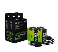 VERICO LoopEnergy 9V Block Pack of 4, PP3, 4500 mWh, Rechargeable USB-C Battery, Li-Ion, 2 x Charging Cable USB Type A to 2 x Type C