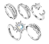 Veridius 5Piece Adjustable Fidget Rings Set for Anxiety Relief Spinner Rings with Moon Star Sun Opal Beaded Designs Stress Relief Gifts for Women Men Teens