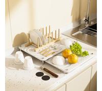 VERIFOST Nested Dish Drying Mat with Bamboo Rack for Dishes, 2Pcs Diatomaceous Earth Stone, Fast Stone Drying Mat for Kitchen Counter with Non-slip Feet, Pearl