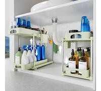 VERIFOST Under Sink Organizer, 2 Pack Under Kitchen Bathroom Cabinet Organizer, 2 Tier Under Bathroom Kitchen Sink Organizer, Adjustable Height Bathroom Kitchen Cabinet Organizers and Storage, Green