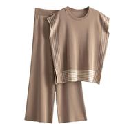 Veriliss Two Piece Outfits for Women Co Ord Sets Knited Sweater Set Tracksuit Pullover Tops Elastic Waisted Pants Lounge Wear(Stripe-Coffee,S)
