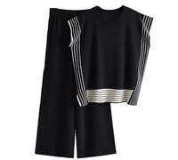 Veriliss Two Piece Outfits for Women Co Ord Sets Knited Sweater Set Tracksuit Pullover Tops Elastic Waisted Pants Lounge Wear(Stripe-Black,L)