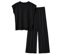 Veriliss Two Piece Outfits for Women Co Ord Sets Knited Sweater Set Tracksuit Pullover Tops Elastic Waisted Pants Lounge Wear(Black,M)
