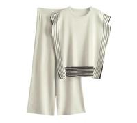 Veriliss Two Piece Outfits for Women Co Ord Sets Knited Sweater Set Tracksuit Pullover Tops Elastic Waisted Pants Lounge Wear(Stripe-Apricot,XL)