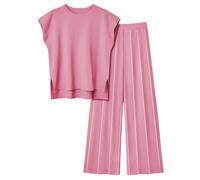 Veriliss Two Piece Outfits for Women Co Ord Sets Knited Sweater Set Tracksuit Pullover Tops Elastic Waisted Pants Lounge Wear (Pink,L)