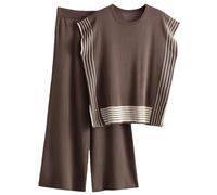 Veriliss Two Piece Outfits for Women Co Ord Sets Knited Sweater Set Tracksuit Pullover Tops Elastic Waisted Pants Lounge Wear(Stripe-Brown,L)